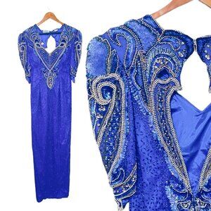 Linzas Vintage Y2K Straight Dress Gown Size Medium Blue Silk Sequined
